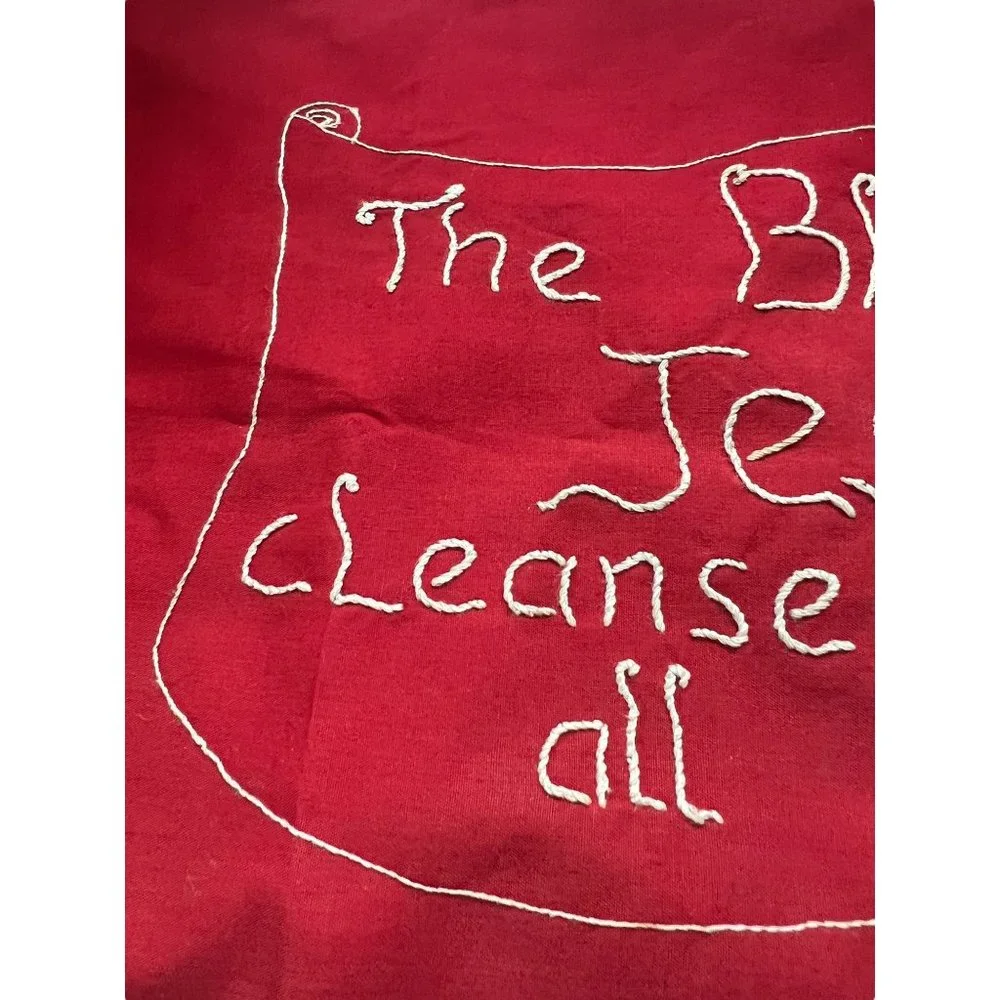 Vintage Hand Stitched Wall Hanging Blood of Jesus Cleanses Sin 1 Jn 1:7 Lace